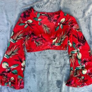 Missguided + Red Floral Wrap Blouse
